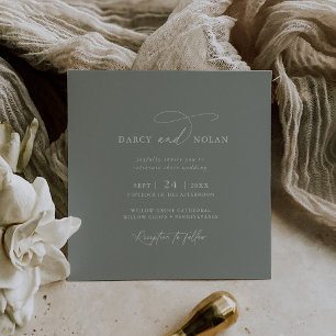 Elegant Charm Square Dark Sage Wedding Invitations