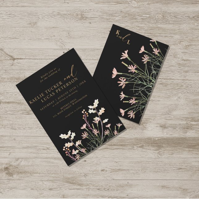 Elegant Charm Wild Flower | Black & Gold Wedding  Invitation (Creator Uploaded)