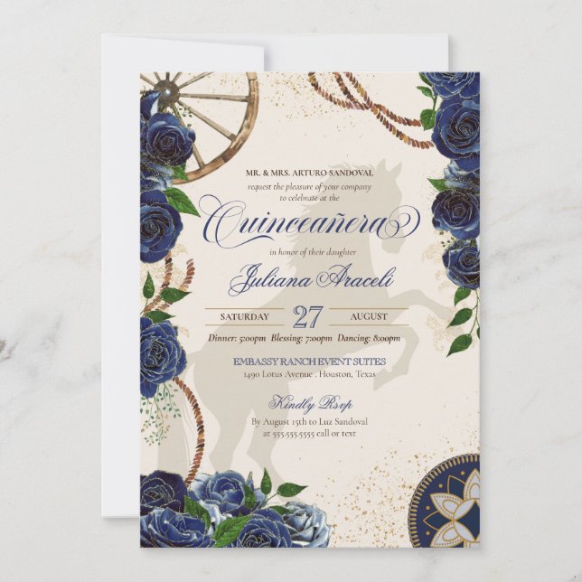 Elegant Charro Blue Rose Western Ranch Quinceanera Invitation (Front)