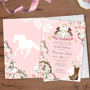 Elegant Charro Quinceanera with Pink Flowers Invitation