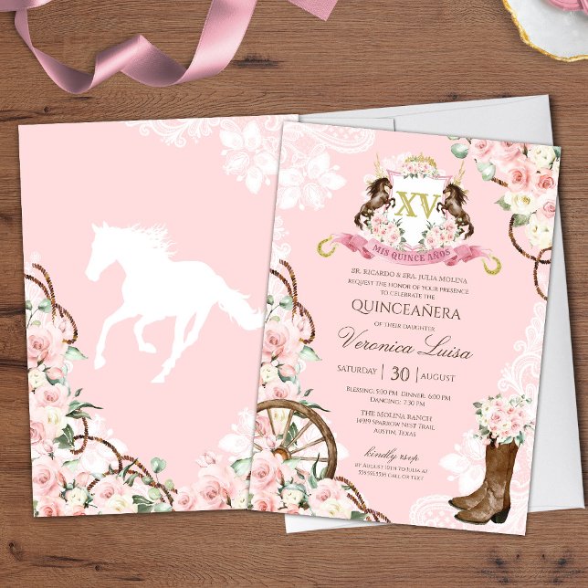 Elegant Charro Quinceanera with Pink Flowers Invitation (Creator Uploaded)