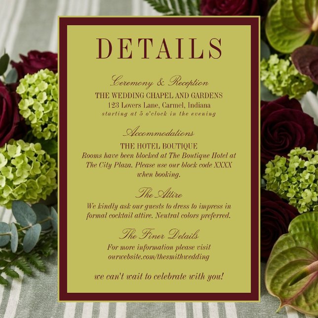 Elegant Chartreuse Burgundy Wedding Details Enclosure Card (Elegant Chartreuse Burgundy Wedding Details Enclosure Card)