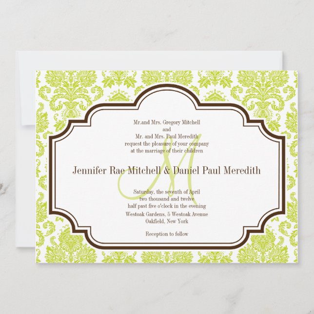 Elegant Chartreuse Damask Wedding Invitations (Front)