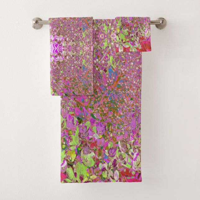 Elegant Chartreuse Green, Pink and Blue Hydrangea Bath Towel Set (Insitu)