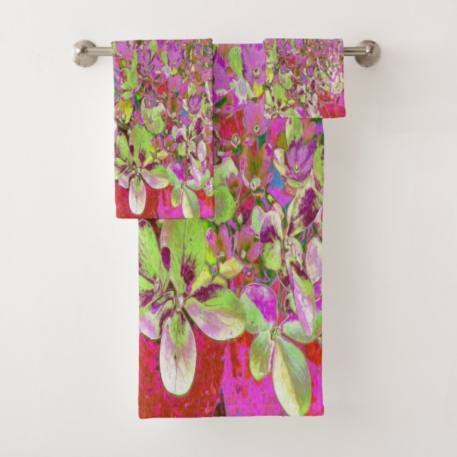Elegant Chartreuse Green, Pink and Blue Hydrangea Bath Towel Set (Insitu)