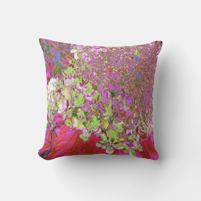 Elegant Chartreuse Green, Pink and Blue Hydrangea Cushion (Front)