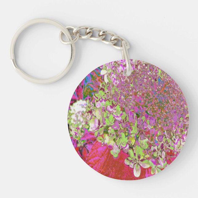 Elegant Chartreuse Green, Pink and Blue Hydrangea Key Ring (Front)