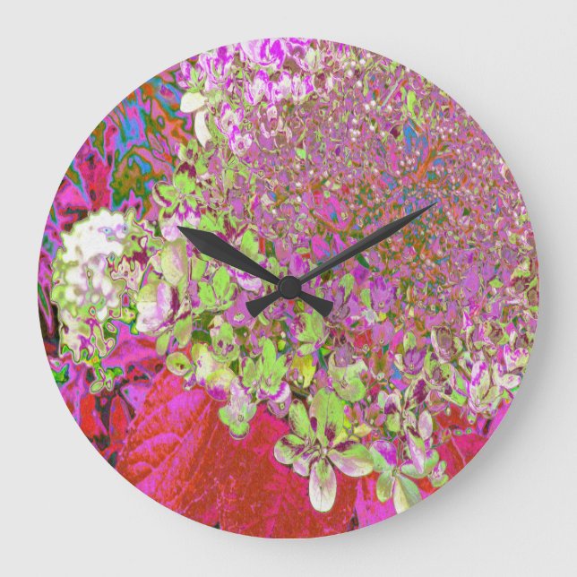 Elegant Chartreuse Green, Pink and Blue Hydrangea Large Clock (Front)