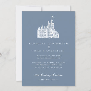 Elegant Château Illustration French Blue Wedding Invitation