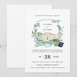 Elegant Chateau Manor Travel Wedding Crest Invitation