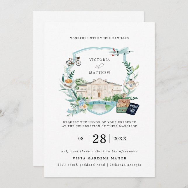 Elegant Chateau Manor | Travel Wedding Crest Invitation (Front/Back)