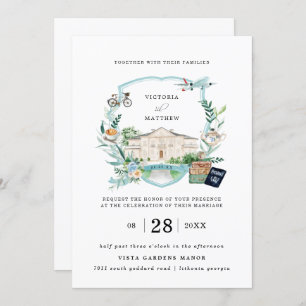 Elegant Chateau Manor Travel Wedding Crest Invitation