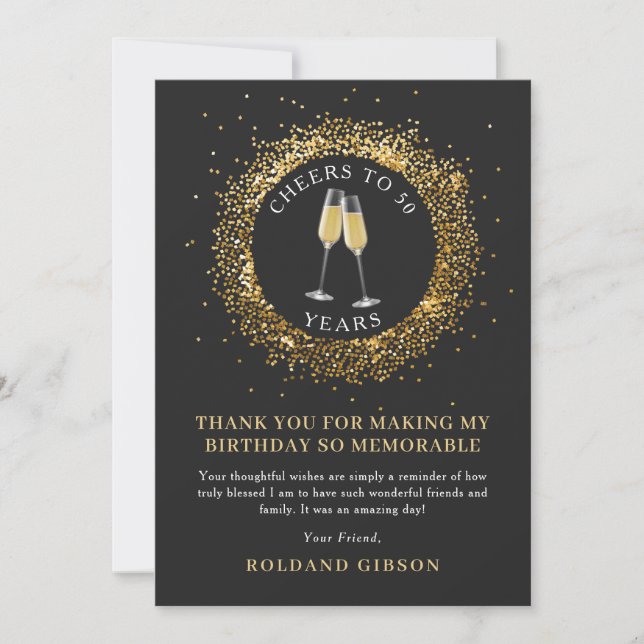 Elegant Cheers Black and Gold Birthday Thank You Card (Front)