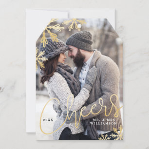 Elegant Cheers Gold Snowflake Newlyweds Photo Holiday Card