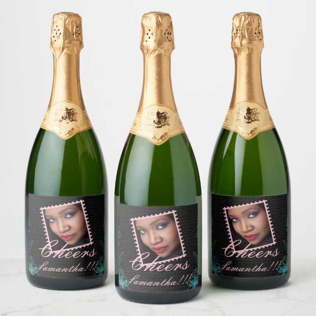 Elegant Cheers Name Black Floral Sparkling Wine Label (Bottles)
