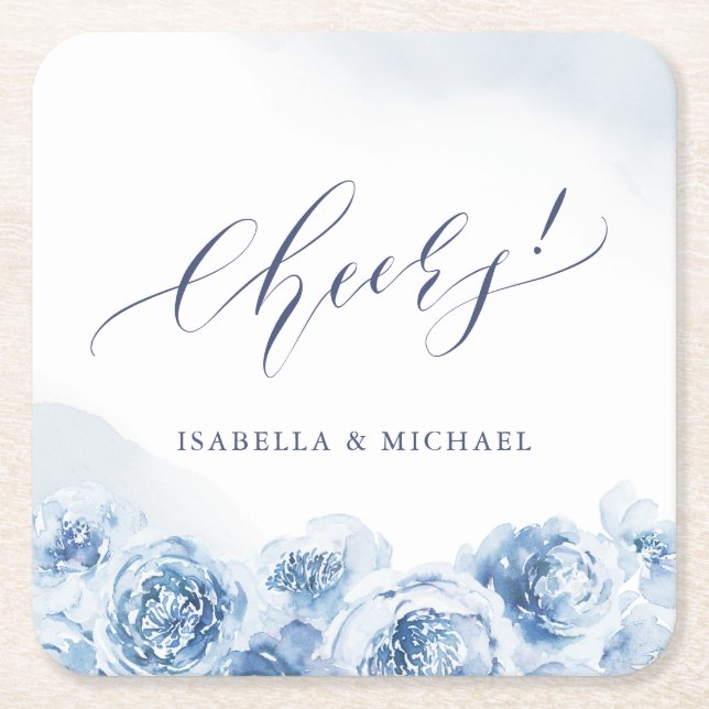 Elegant cheers script dusty blue floral wedding square paper coaster (Front)