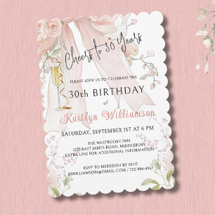 *Elegant Cheers to 30 Years Pink Bow Floral Invitation
