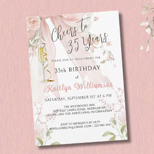 *Elegant Cheers to 35 Years Pink Bow Floral Invitation