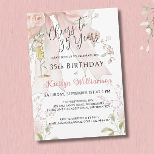**Elegant Cheers to 35 Years Pink Bow Floral Invitation