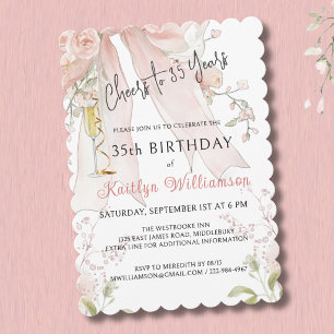 *Elegant Cheers to 35 Years Pink Bow Floral Invitation