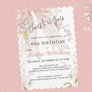 Elegant Cheers to 40 Years Pink Bow Floral Invitation