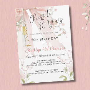 Elegant Cheers to 50 Years Pink Bow Floral Invitation