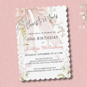Elegant Cheers to 60 Years Pink Bow Floral Invitation