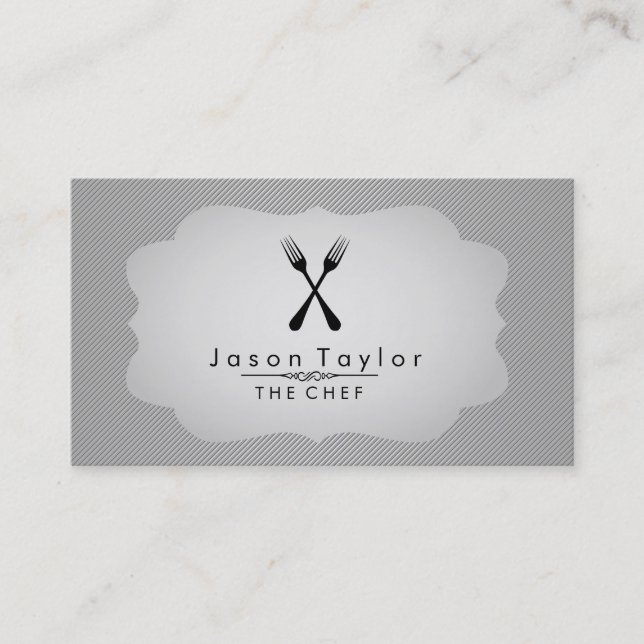 Elegant Chef Catering Retro Cross Fork White Steel Business Card (Front)