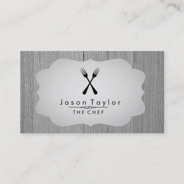 Elegant Chef Catering Retro Cross Fork Wood Grey Business Card (Front)
