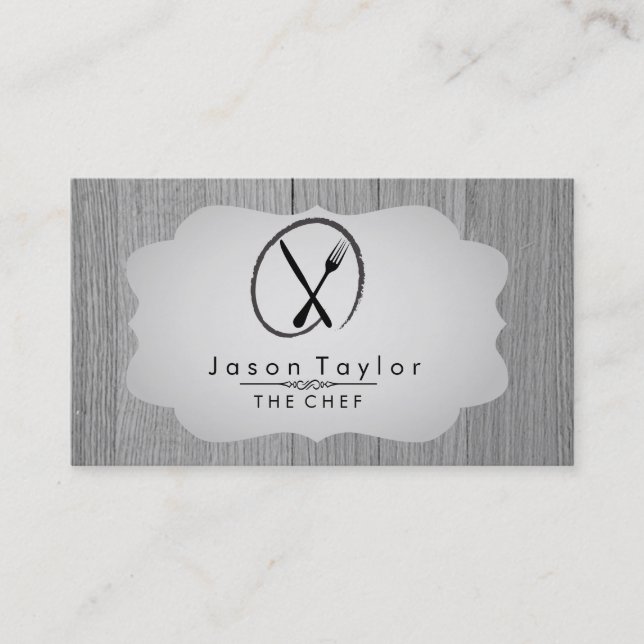 Elegant Chef Catering Retro Knife Fork Wood Grey Business Card (Front)