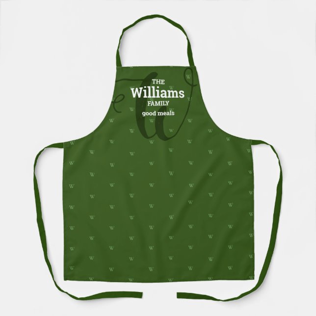 elegant chef green monogram family apron (Front)