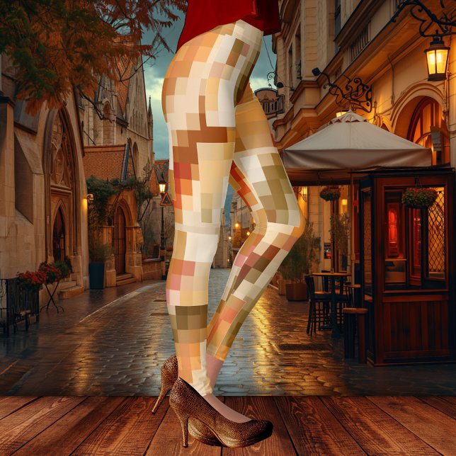 Elegant Chequered Abstract Fantasy Designer Leggings (Modern design leggings featuring an original abstract checkered pattern in warm autumn colors)