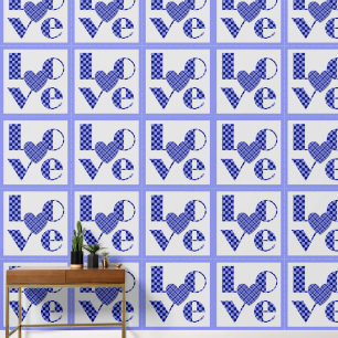 Elegant Chequered Heart & Love Lavender Blue Wallpaper