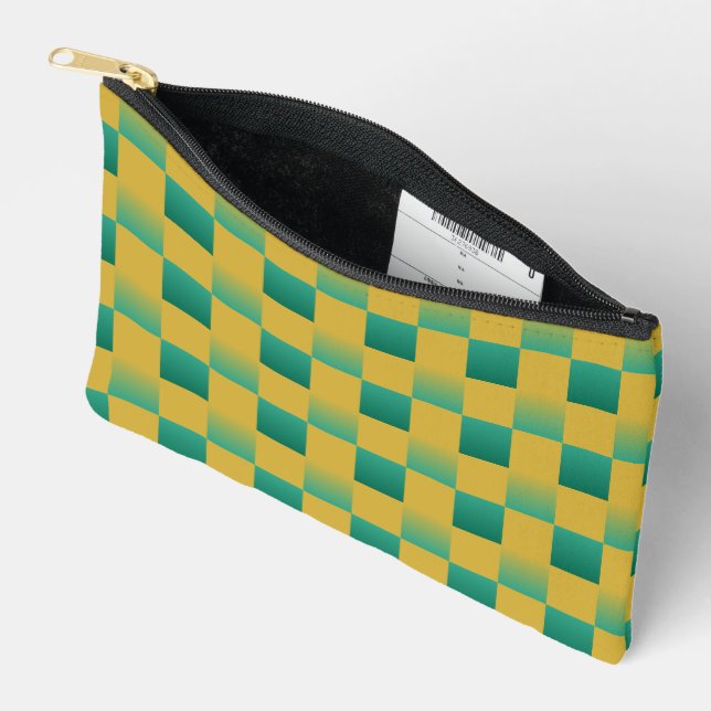 Elegant chequered pattern in green and gold  accessory pouch (Open)