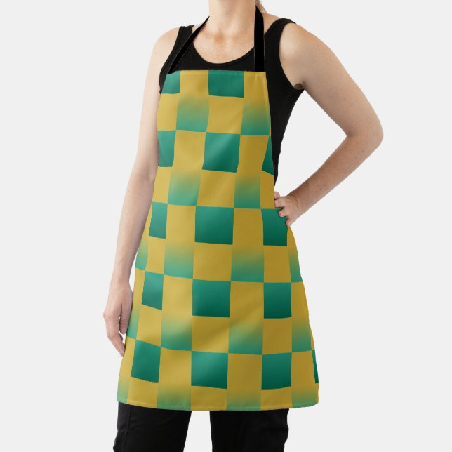 Elegant chequered pattern in green and gold  apron (Insitu)