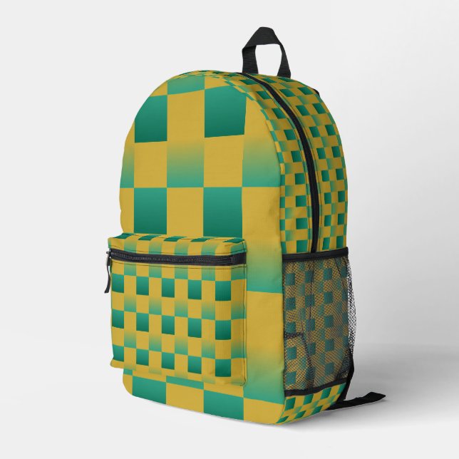 Elegant chequered pattern in green and gold  printed backpack (Back Corner Right)