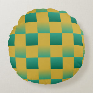 Elegant chequered pattern in green and gold round cushion