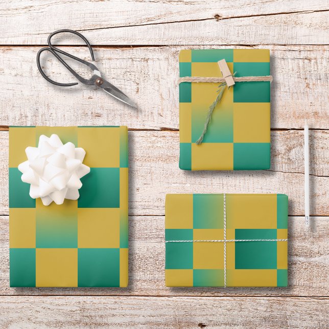 Elegant chequered pattern in green and gold  wrapping paper sheet (Creator Uploaded)