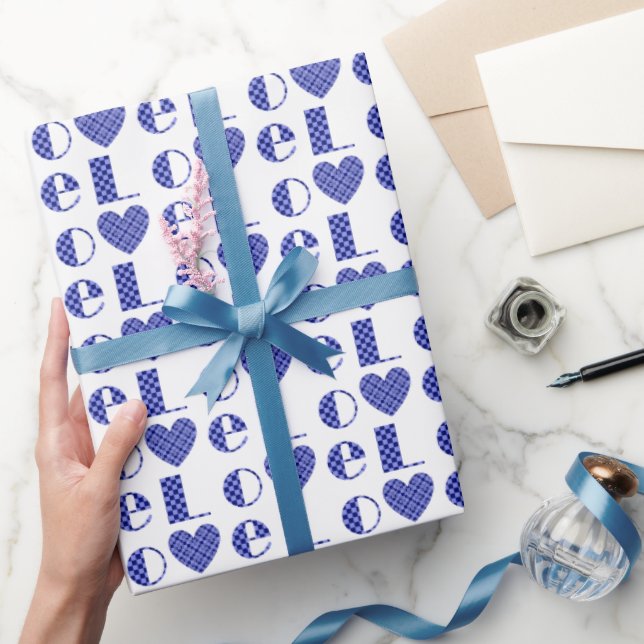 Elegant Chequered Royal Blue Love Hearts Pattern Wrapping Paper (Gifting)