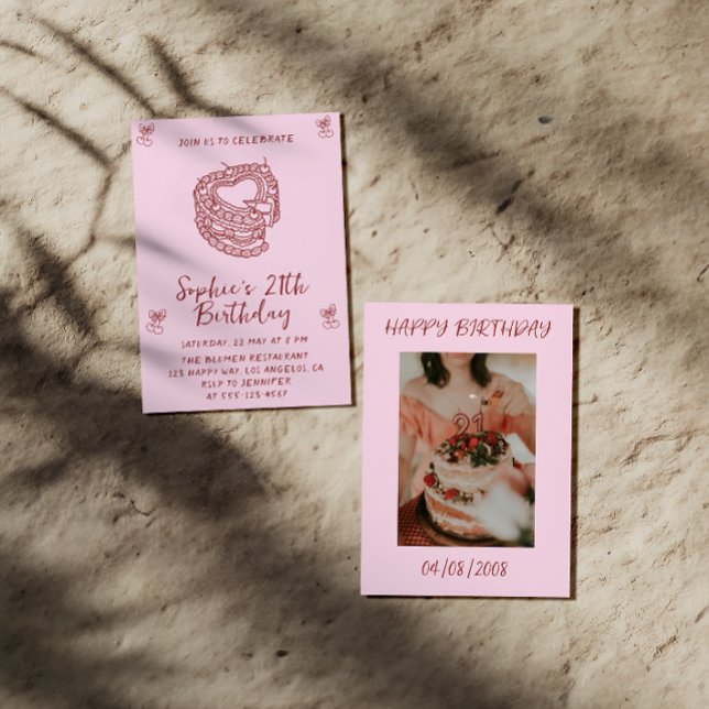 Elegant Cherry Birthday Invitation with Heart Cake (Creator Uploaded)