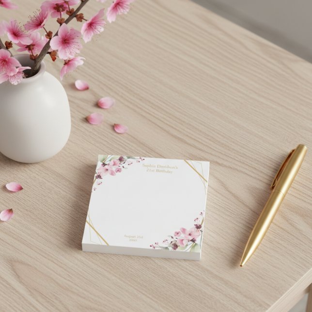 Elegant Cherry Blossom 21st Birthday Party Favour Post-it Notes (Stylish pink sakura flowers birthday post it notes.)