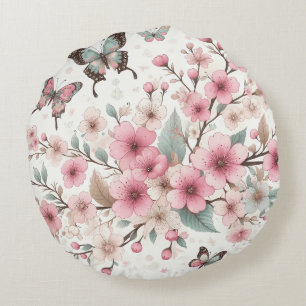 Elegant Cherry Blossom and Butterfly Floral Patter Round Cushion