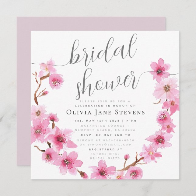 Elegant Cherry Blossom Floral Wreath Bridal Shower Invitation (Front/Back)