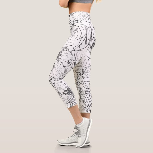 Elegant Cherry Blossom Flowers Black White Botanic Capri Leggings (Left)
