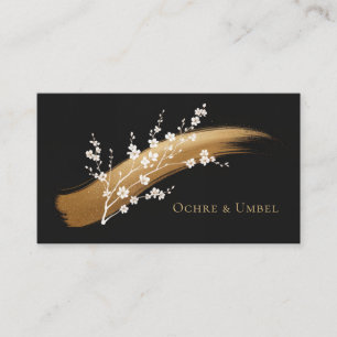 Elegant Cherry Blossom Gold Brush Stroke Black Business Card