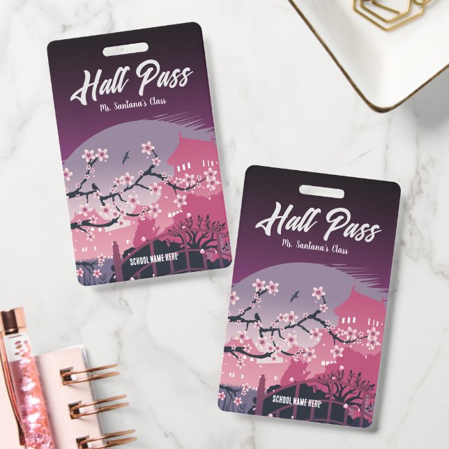 Elegant Cherry Blossom Hall Pass Customisable ID Badge (Office)