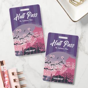 Elegant Cherry Blossom Hall Pass Customisable ID Badge