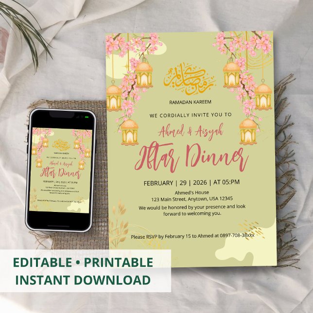 Elegant Cherry Blossom & Lanterns Iftar Dinner Invitation (Creator Uploaded)