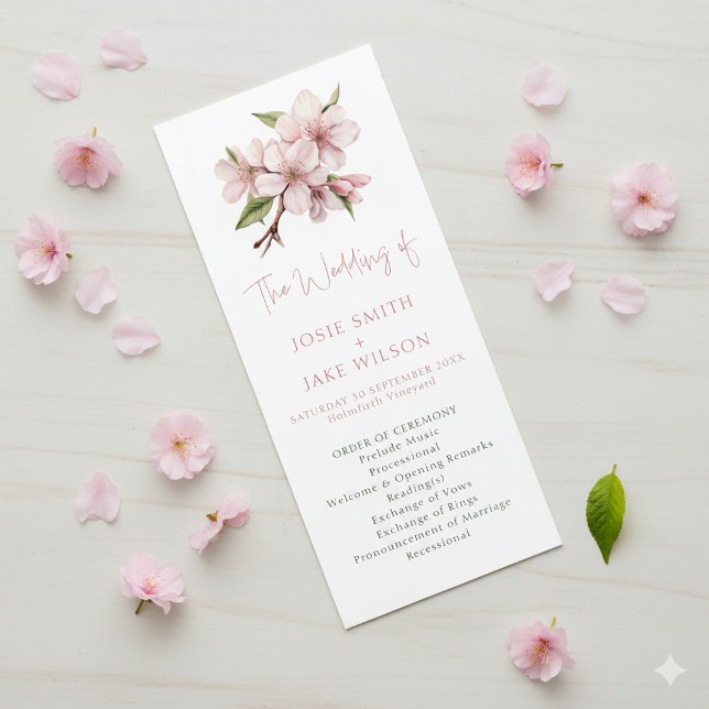 Elegant Cherry Blossom minimal wedding Ceremony Program (Cherry blossom, pink wedding program.)