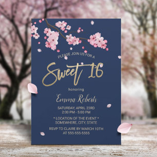 Elegant Cherry Blossom Pink Floral Navy Sweet 16 Invitation
